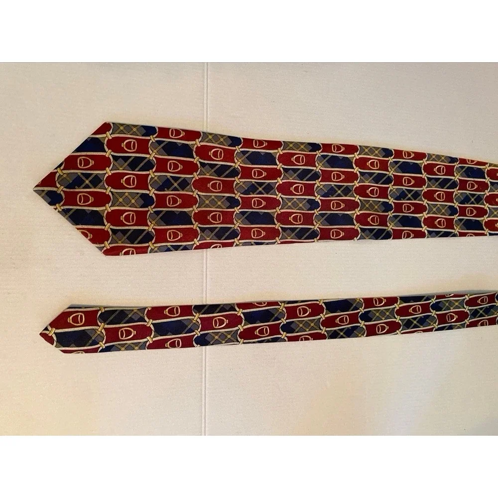 Rene Chagal Mens Silk Necktie Red Navy Blue Plaid Equestrian Stirrup Handmade